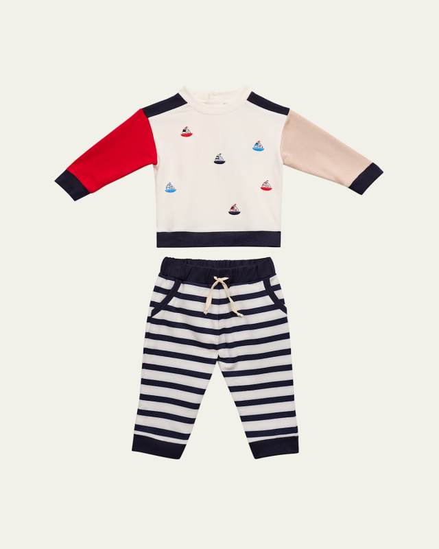 Boy's Sailboat French Terry Knit Top and Pants Set, Size 6M-24
